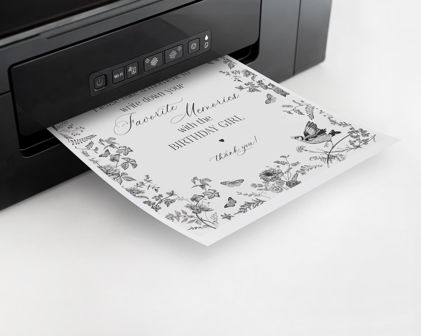 Black Toile De Jouy Favorite Memories with Birthday Girl Template, Black Chinoiserie Birthday Game, Wildflower Toile Letter Guestbook WP1069