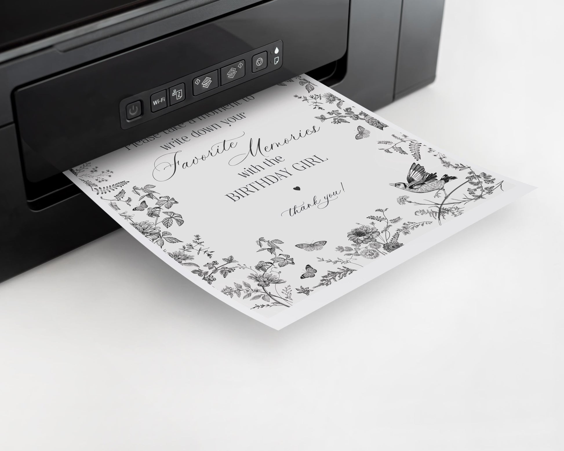 Black Toile De Jouy Favorite Memories with Birthday Girl Template, Black Chinoiserie Birthday Game, Wildflower Toile Letter Guestbook WP1069