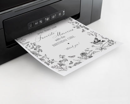 Black Toile De Jouy Favorite Memories with Birthday Girl Template, Black Chinoiserie Birthday Game, Wildflower Toile Letter Guestbook WP1069