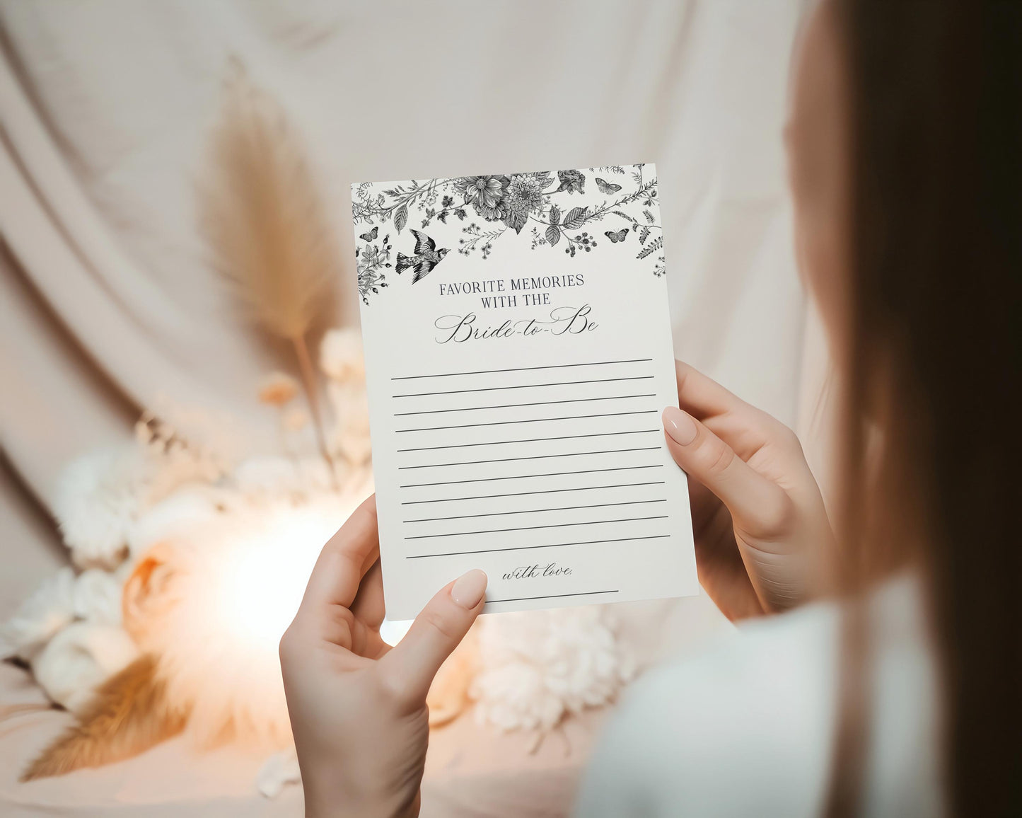 Black Toile De Jouy Favorite Memories with Bride Template, Black Chinoiserie French Engagement Party, Black Wildflower Bridal Brunch WP1069