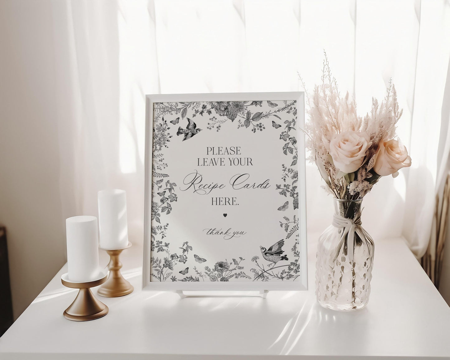 Black Toile De Jouy Recipe Card Template for Bridal Shower, Black Chinoiserie French Theme Couples Shower, Wildflower Bridal Brunch WP1069