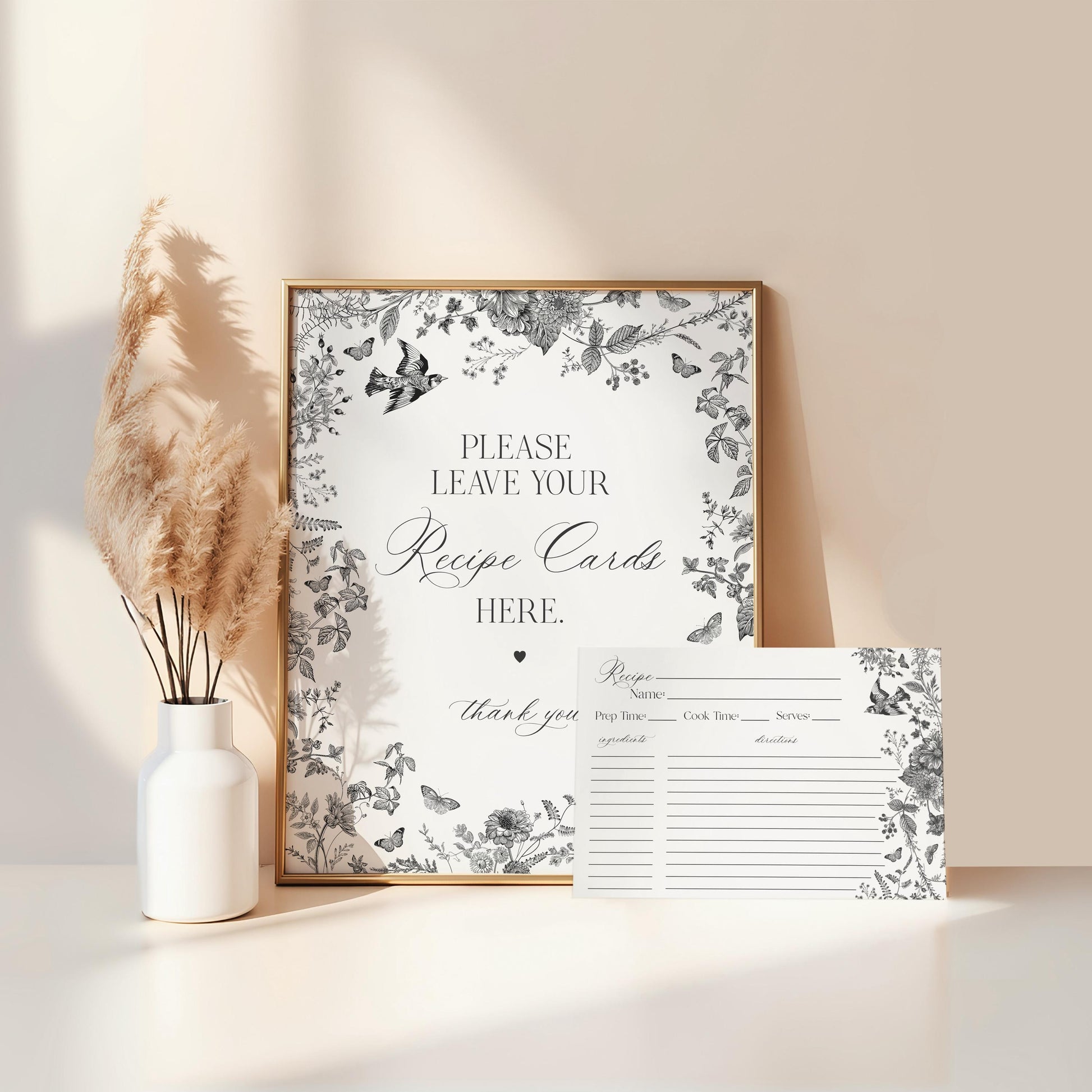 Black Toile De Jouy Recipe Card Template for Bridal Shower, Black Chinoiserie French Theme Couples Shower, Wildflower Bridal Brunch WP1069