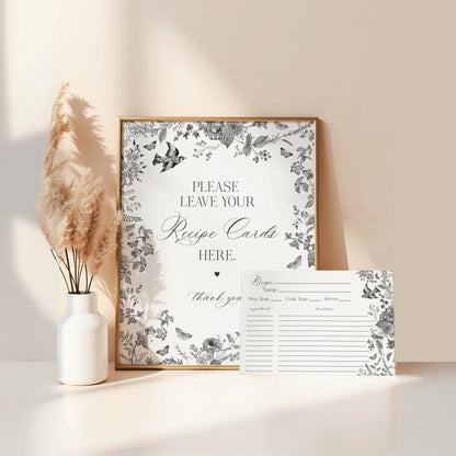 Black Toile De Jouy Recipe Card Template for Bridal Shower, Black Chinoiserie French Theme Couples Shower, Wildflower Bridal Brunch WP1069