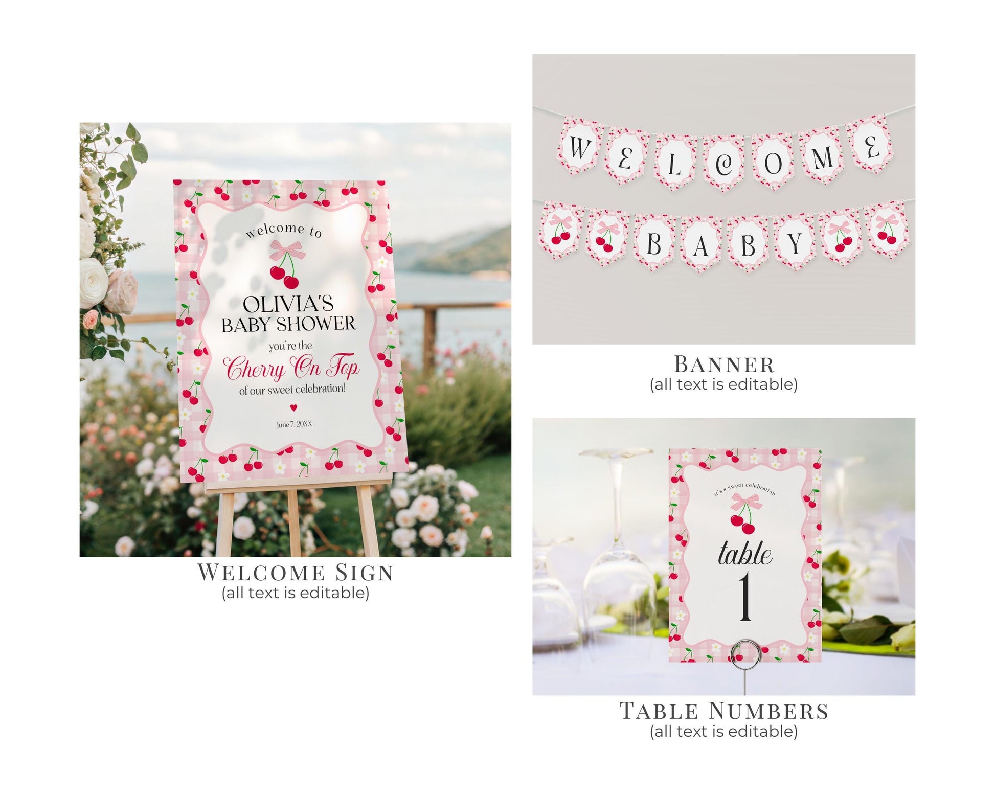 Pink Cherry Gingham Baby Shower Bundle Printable Template, Coquette Sweet Cherry on Top Baby Sprinkle, Pastel Gingham Nesting Party WP1071