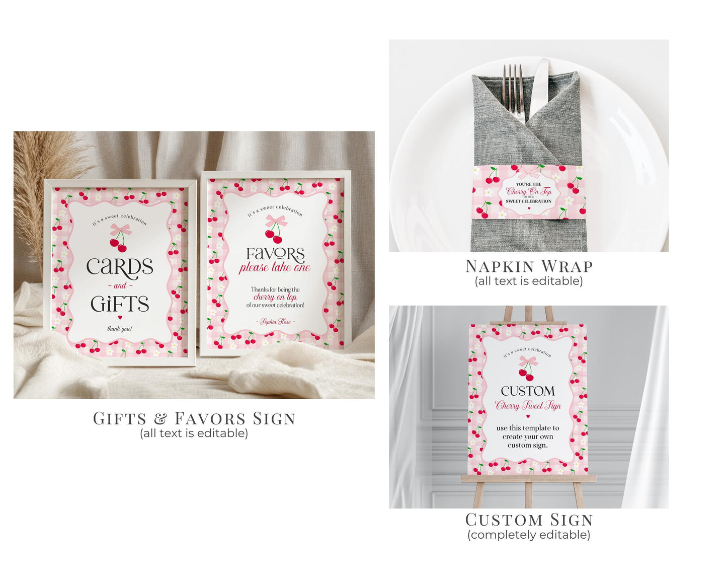 Pink Cherry Gingham Baby Shower Bundle Printable Template, Coquette Sweet Cherry on Top Baby Sprinkle, Pastel Gingham Nesting Party WP1071