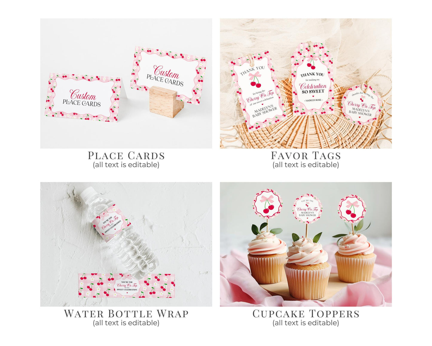 Pink Cherry Gingham Baby Shower Bundle Printable Template, Coquette Sweet Cherry on Top Baby Sprinkle, Pastel Gingham Nesting Party WP1071