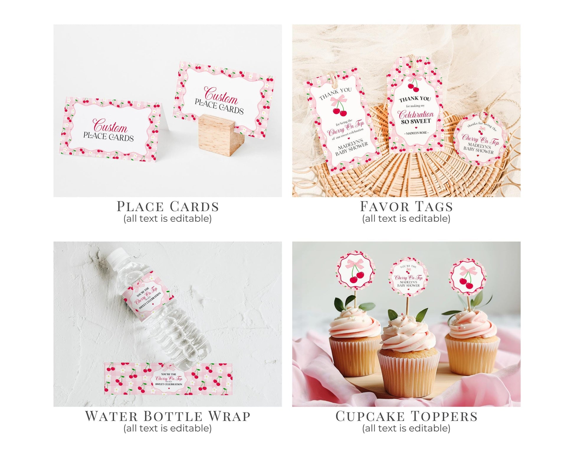 Pink Cherry Gingham Baby Shower Bundle Printable Template, Coquette Sweet Cherry on Top Baby Sprinkle, Pastel Gingham Nesting Party WP1071