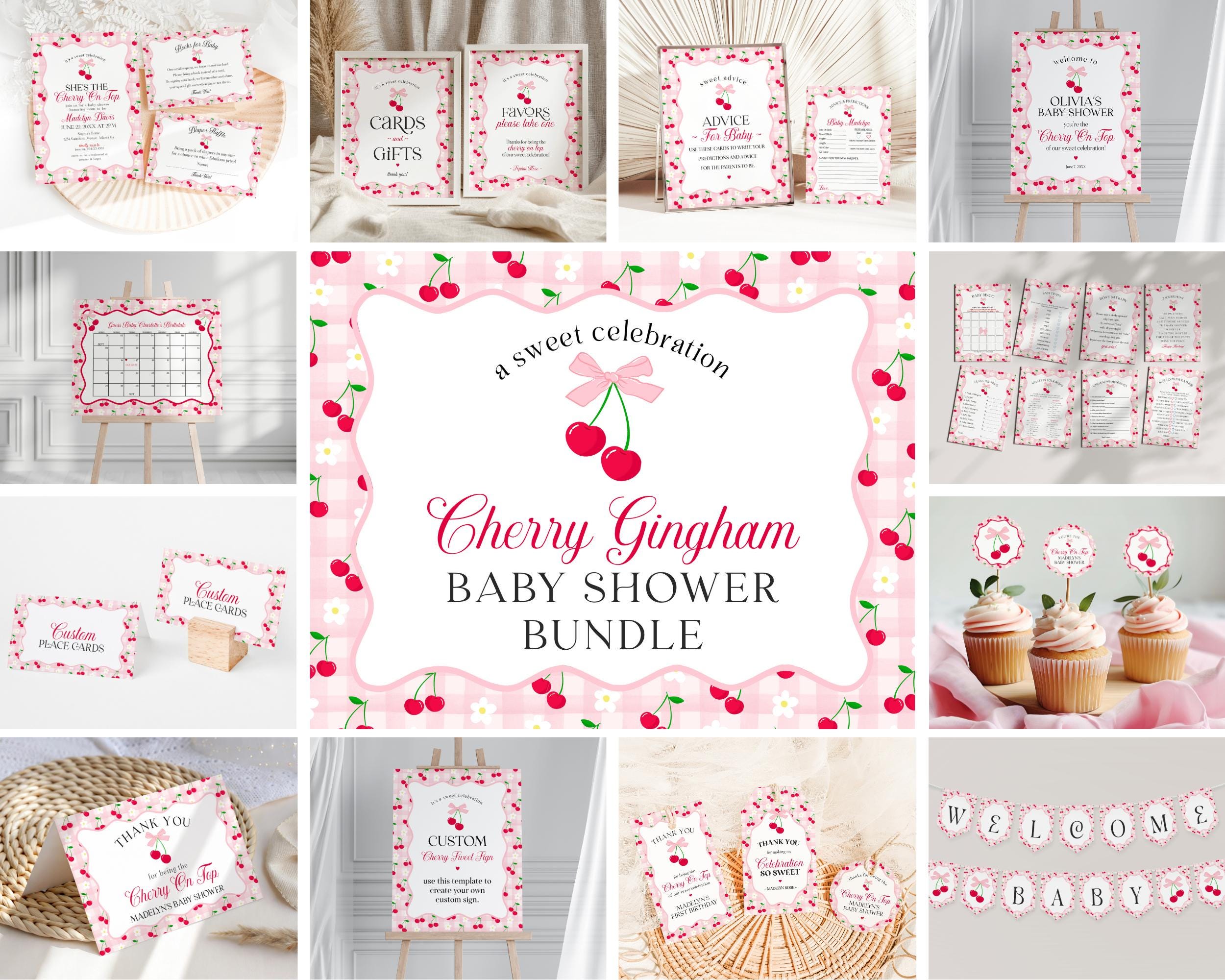 Pink Cherry Gingham Baby Shower Bundle Printable Template, Coquette Sweet Cherry on Top Baby Sprinkle, Pastel Gingham Nesting Party WP1071