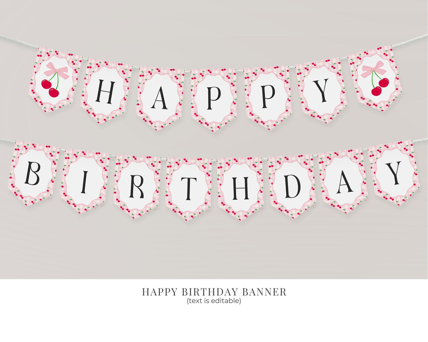 Pink Cherry Gingham First Birthday Bundle Printable Template, Coquette Sweet Cherry First Celebration, Pastel Gingham Party Decor WP1071