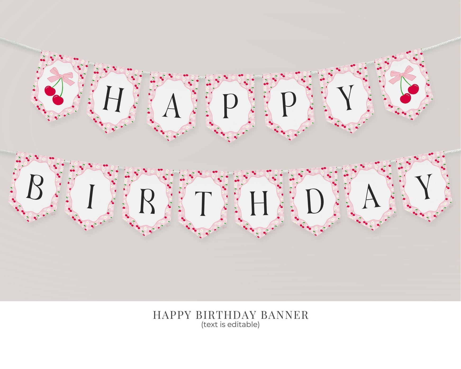 Pink Cherry Gingham First Birthday Bundle Printable Template, Coquette Sweet Cherry First Celebration, Pastel Gingham Party Decor WP1071