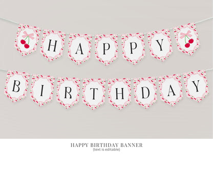 Pink Cherry Gingham First Birthday Bundle Printable Template, Coquette Sweet Cherry First Celebration, Pastel Gingham Party Decor WP1071