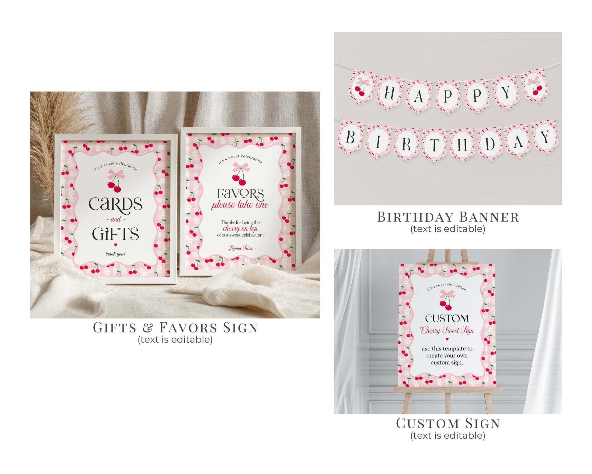 Pink Cherry Gingham First Birthday Bundle Printable Template, Coquette Sweet Cherry First Celebration, Pastel Gingham Party Decor WP1071