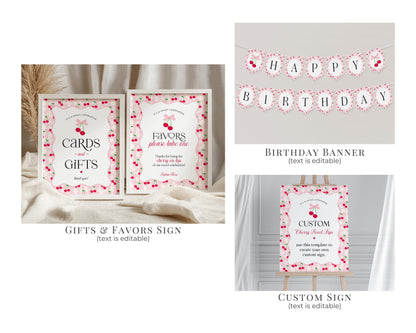 Pink Cherry Gingham First Birthday Bundle Printable Template, Coquette Sweet Cherry First Celebration, Pastel Gingham Party Decor WP1071