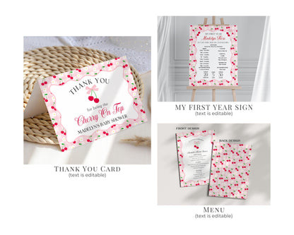 Pink Cherry Gingham First Birthday Bundle Printable Template, Coquette Sweet Cherry First Celebration, Pastel Gingham Party Decor WP1071