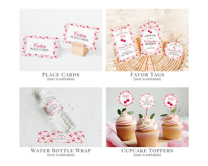 Pink Cherry Gingham First Birthday Bundle Printable Template, Coquette Sweet Cherry First Celebration, Pastel Gingham Party Decor WP1071