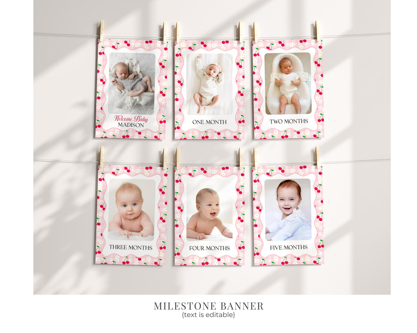 Pink Cherry Gingham First Birthday Bundle Printable Template, Coquette Sweet Cherry First Celebration, Pastel Gingham Party Decor WP1071