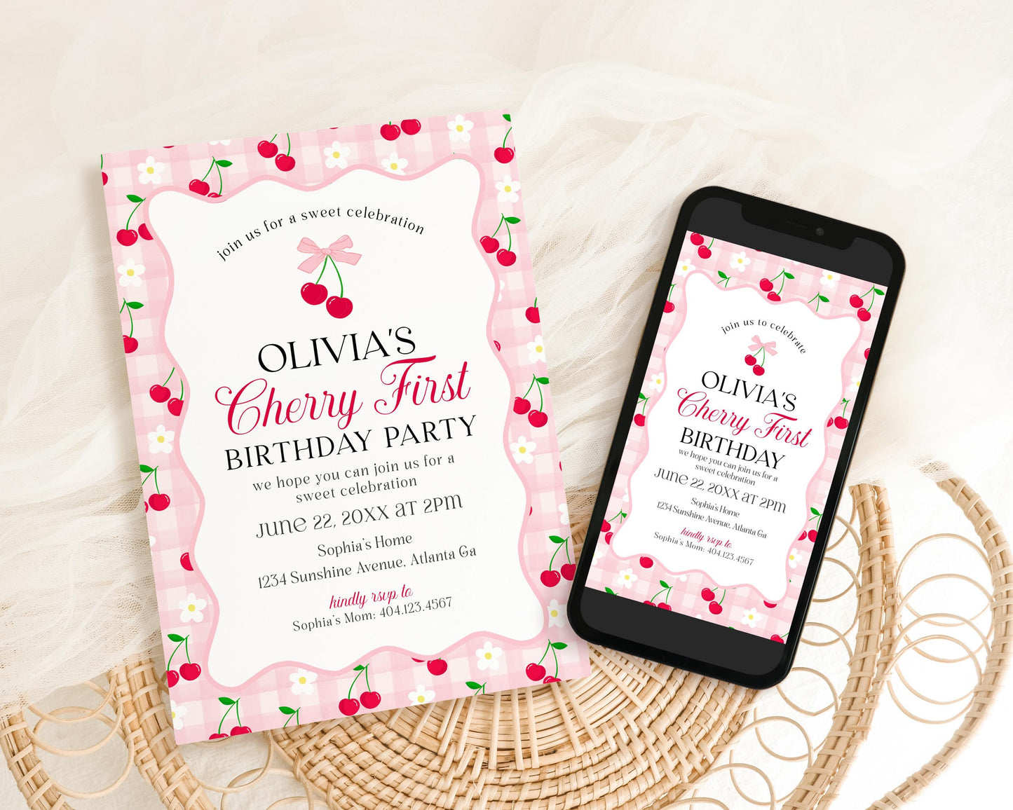 Pink Cherry Gingham First Birthday Bundle Printable Template, Coquette Sweet Cherry First Celebration, Pastel Gingham Party Decor WP1071