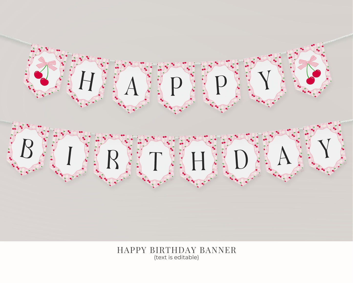 Pink Cherry Gingham Birthday Bundle Printable Template, Coquette Cherry Sweet Birthday Celebration, Pastel Gingham Party Decor WP1071