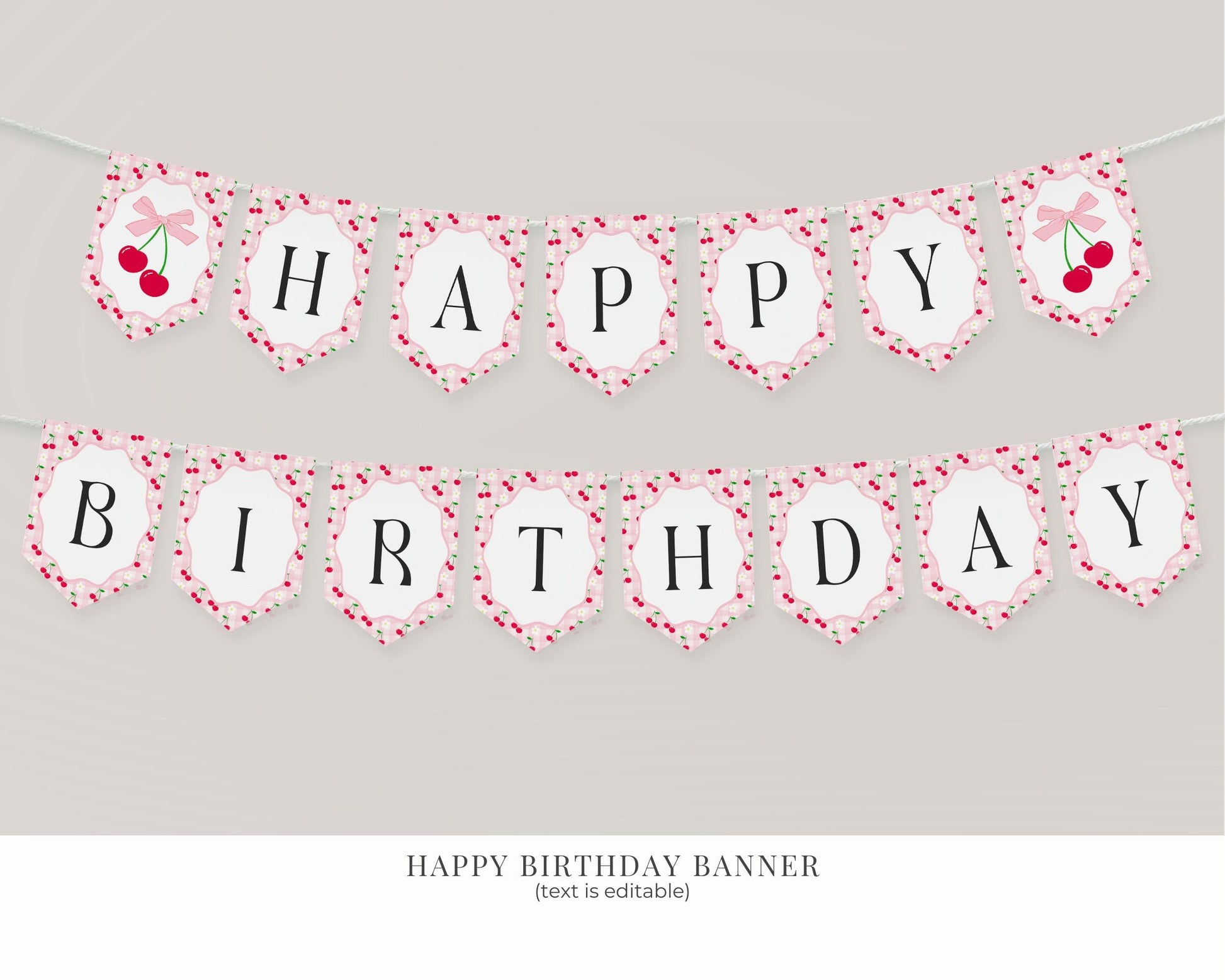 Pink Cherry Gingham Birthday Bundle Printable Template, Coquette Cherry Sweet Birthday Celebration, Pastel Gingham Party Decor WP1071