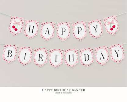 Pink Cherry Gingham Birthday Bundle Printable Template, Coquette Cherry Sweet Birthday Celebration, Pastel Gingham Party Decor WP1071