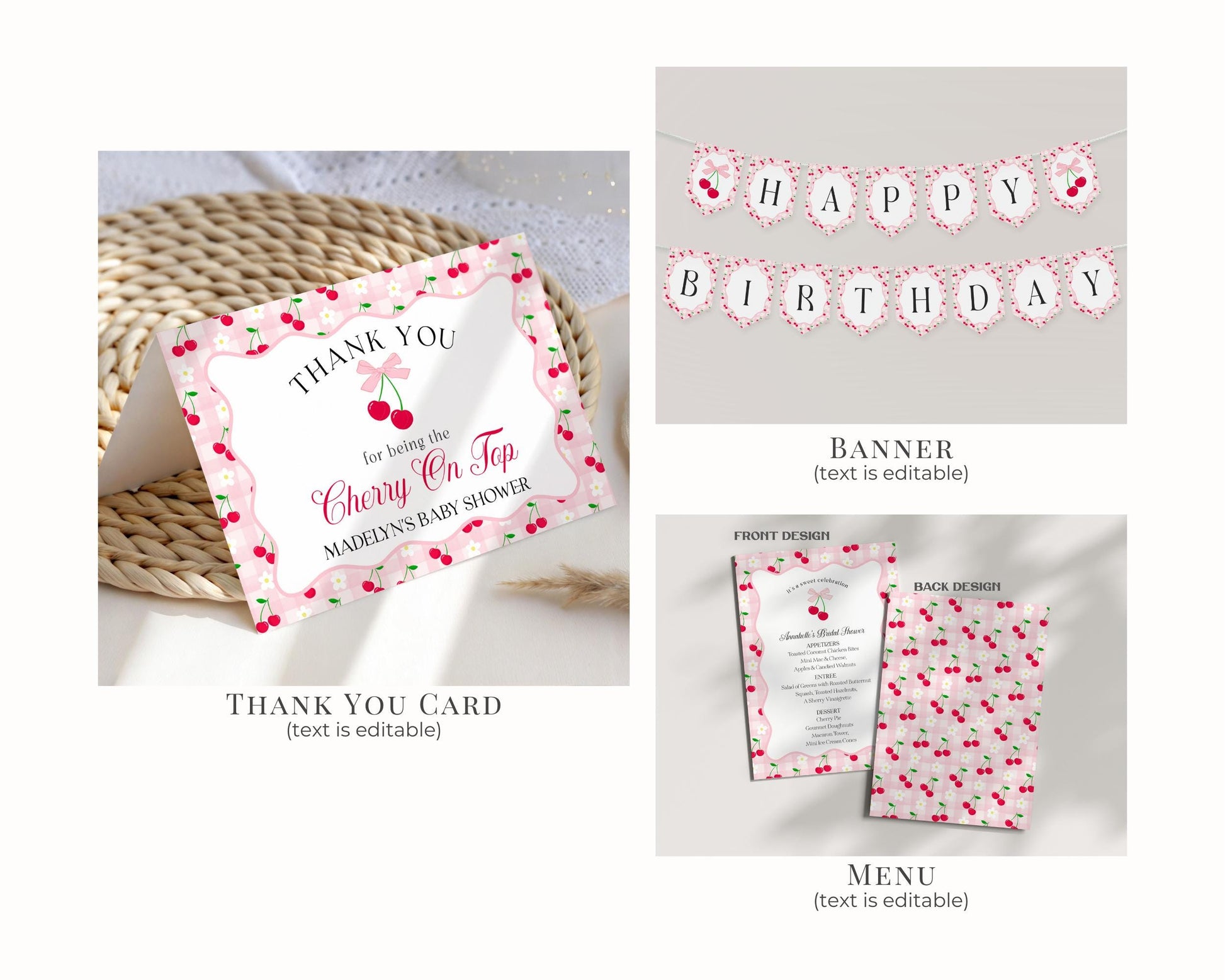 Pink Cherry Gingham Birthday Bundle Printable Template, Coquette Cherry Sweet Birthday Celebration, Pastel Gingham Party Decor WP1071