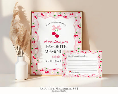 Pink Cherry Gingham Birthday Bundle Printable Template, Coquette Cherry Sweet Birthday Celebration, Pastel Gingham Party Decor WP1071