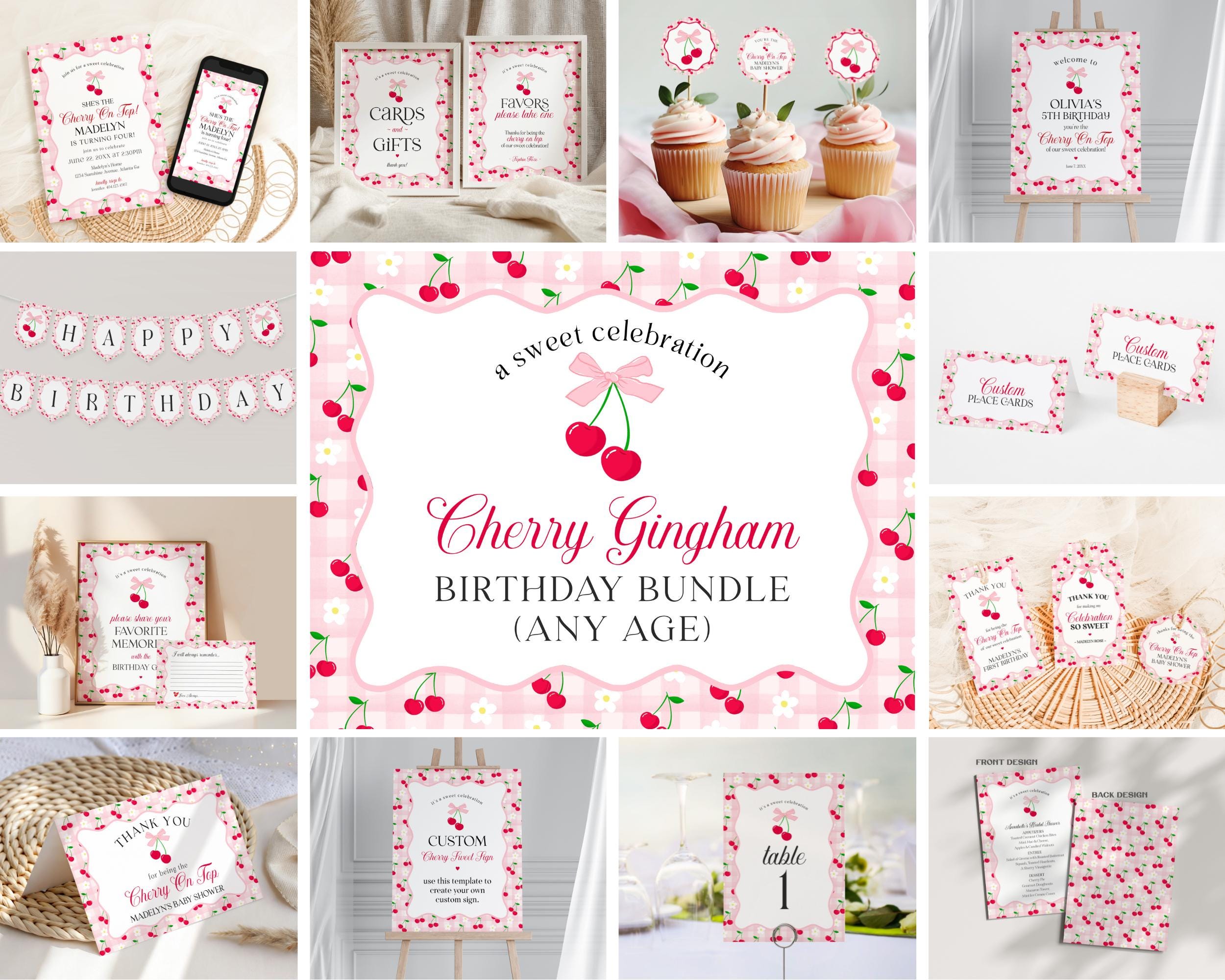 Pink Cherry Gingham Birthday Bundle Printable Template, Coquette Cherry Sweet Birthday Celebration, Pastel Gingham Party Decor WP1071