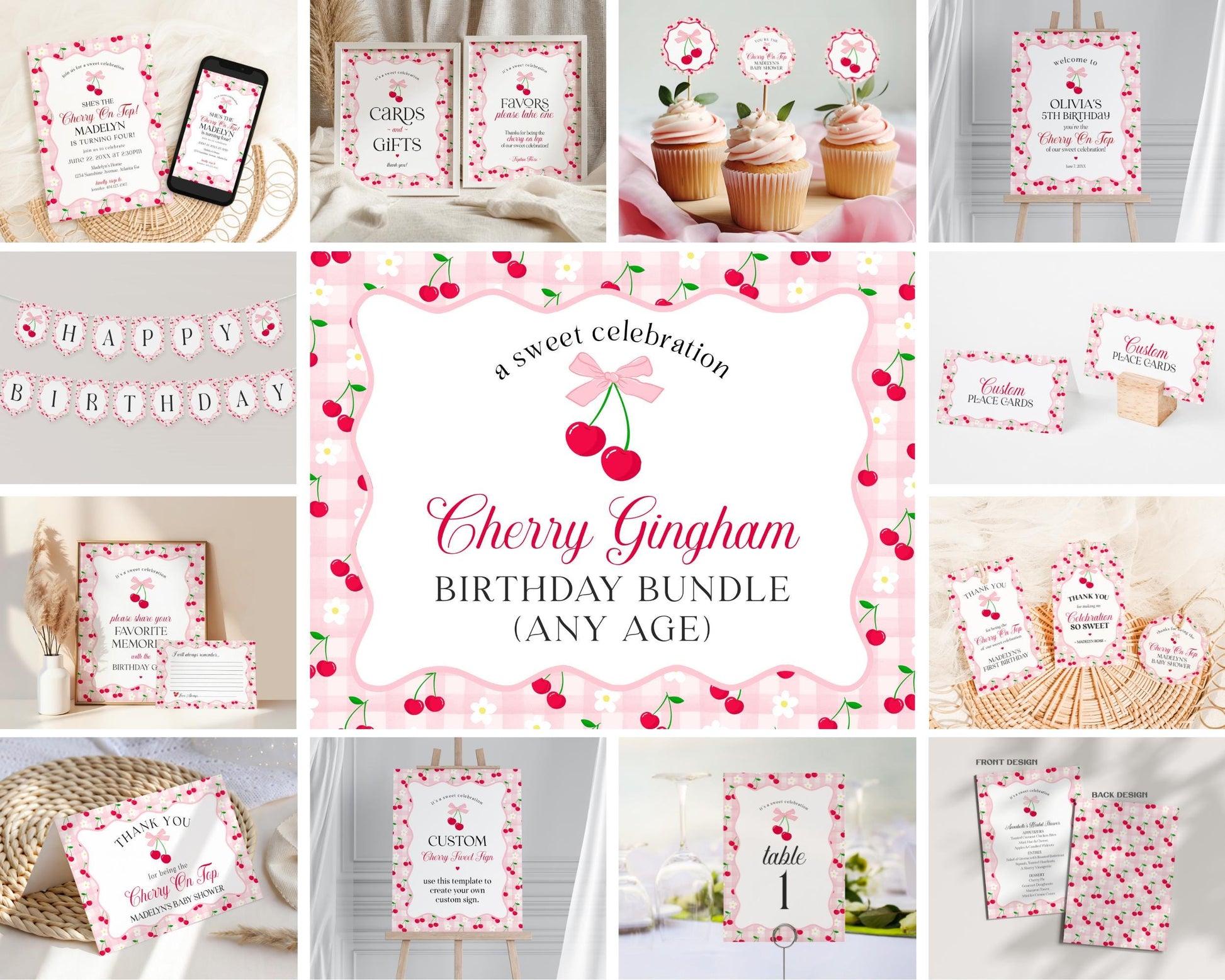 Pink Cherry Gingham Birthday Bundle Printable Template, Coquette Cherry Sweet Birthday Celebration, Pastel Gingham Party Decor WP1071