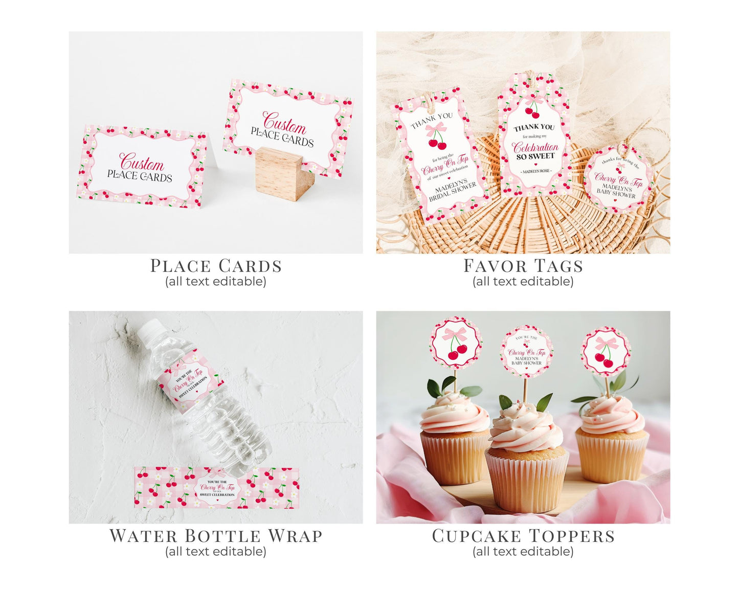 Pink Cherry Gingham Bachelorette Bundle Template, Coquette Cherry Sweet Hen Party, Pastel Gingham Engagement Girls Night Decor WP1071
