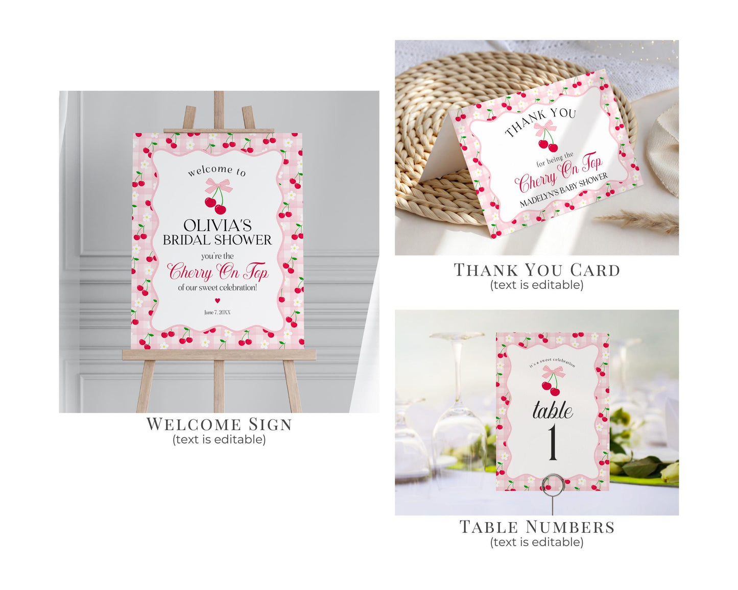 Pink Cherry Gingham Bridal Shower Bundle Printable Template, Coquette Cherry Sweet Bridal Brunch, Pastel Engagement Party Decor WP1071