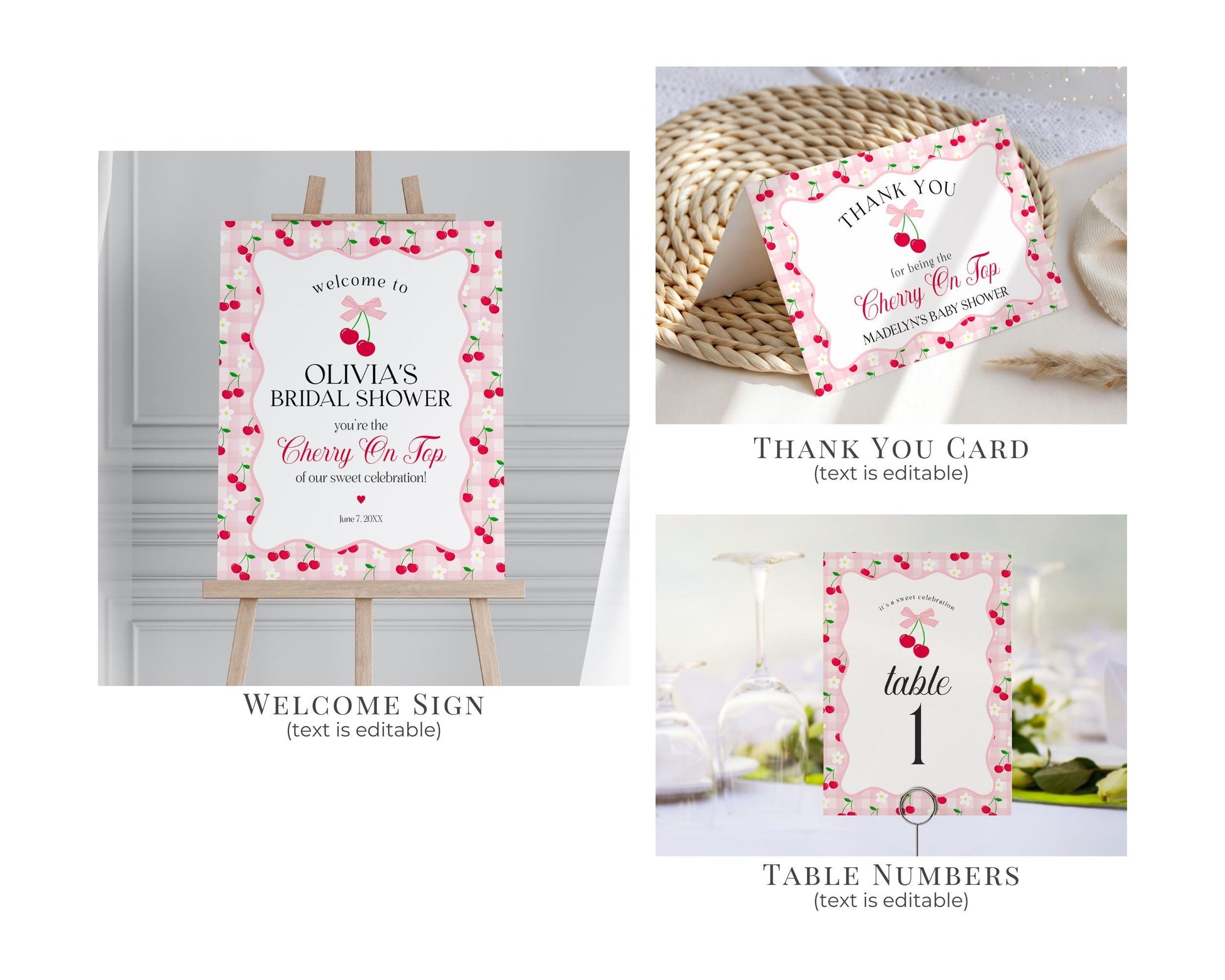 Pink Cherry Gingham Bridal Shower Bundle Printable Template, Coquette Cherry Sweet Bridal Brunch, Pastel Engagement Party Decor WP1071