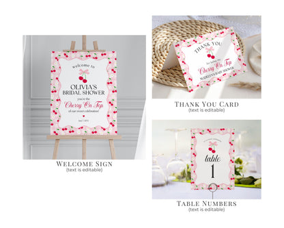 Pink Cherry Gingham Bridal Shower Bundle Printable Template, Coquette Cherry Sweet Bridal Brunch, Pastel Engagement Party Decor WP1071