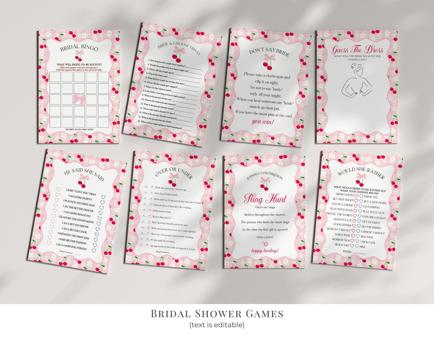 Pink Cherry Gingham Bridal Shower Bundle Printable Template, Coquette Cherry Sweet Bridal Brunch, Pastel Engagement Party Decor WP1071