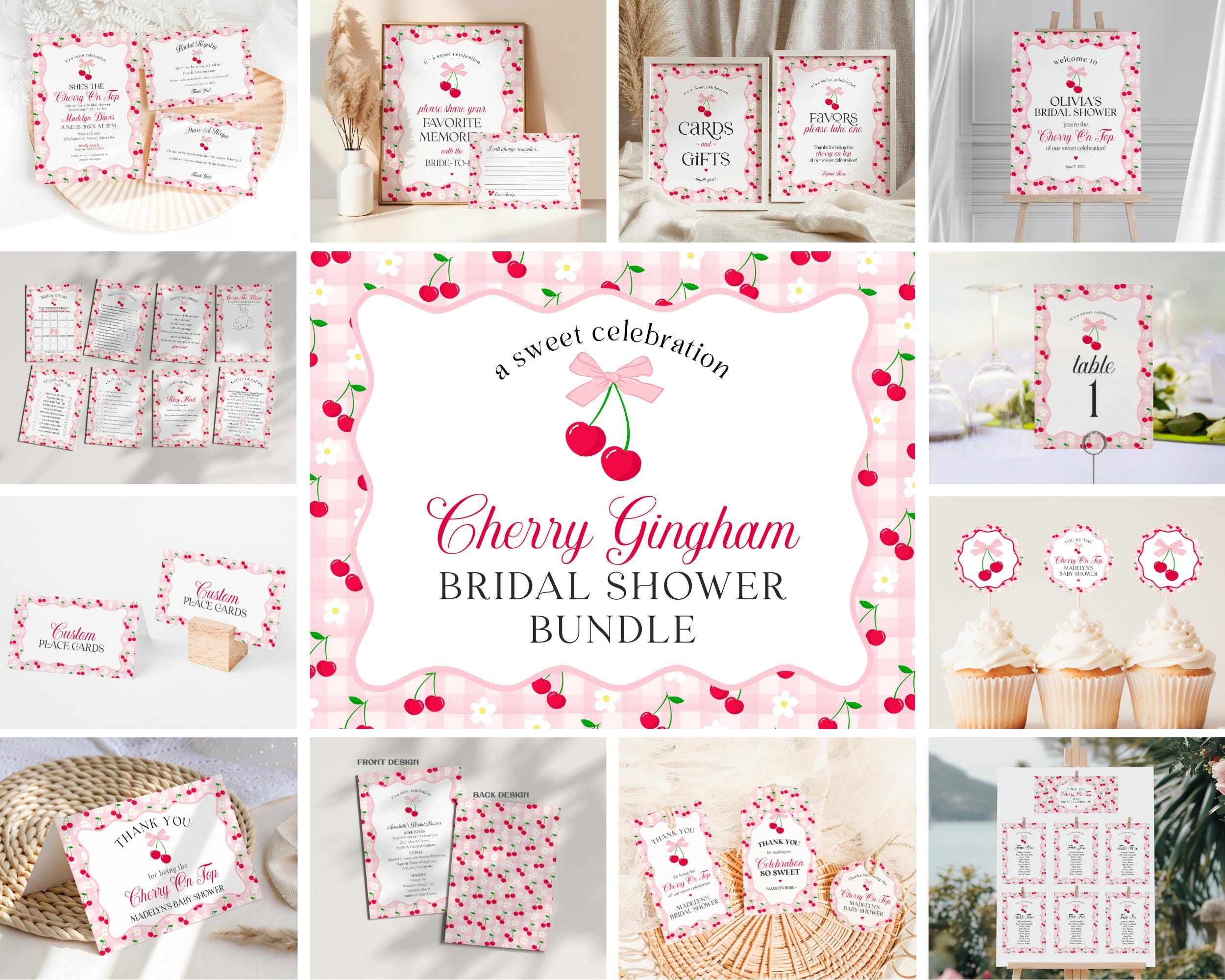 Pink Cherry Gingham Bridal Shower Bundle Printable Template, Coquette Cherry Sweet Bridal Brunch, Pastel Engagement Party Decor WP1071
