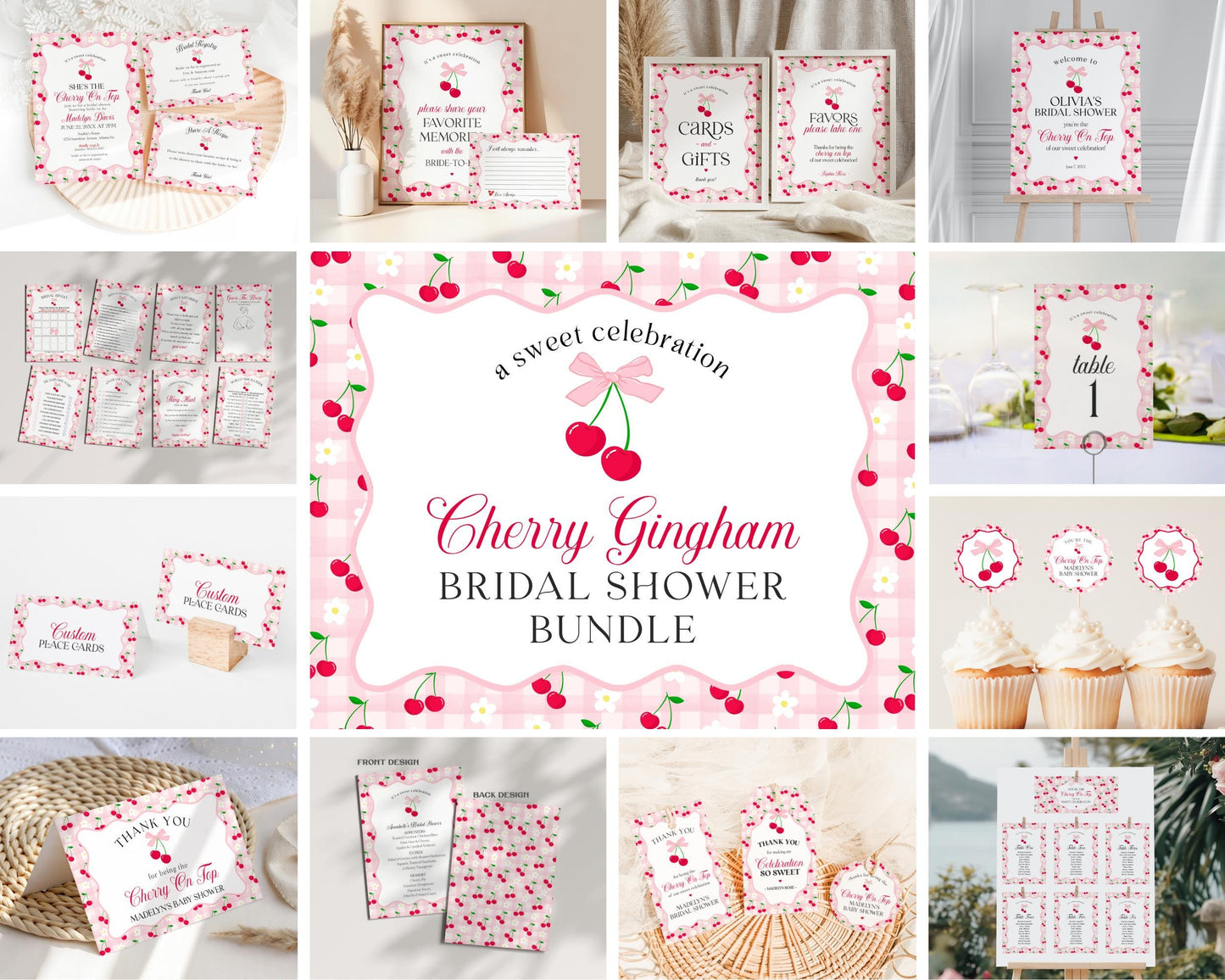 Pink Cherry Gingham Bridal Shower Bundle Printable Template, Coquette Cherry Sweet Bridal Brunch, Pastel Engagement Party Decor WP1071