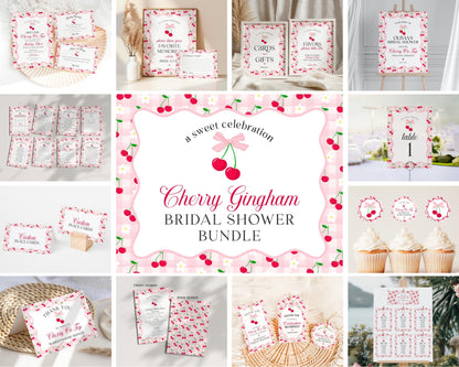Pink Cherry Gingham Bridal Shower Bundle Printable Template, Coquette Cherry Sweet Bridal Brunch, Pastel Engagement Party Decor WP1071