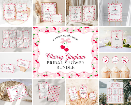 Pink Cherry Gingham Bridal Shower Bundle Printable Template, Coquette Cherry Sweet Bridal Brunch, Pastel Engagement Party Decor WP1071