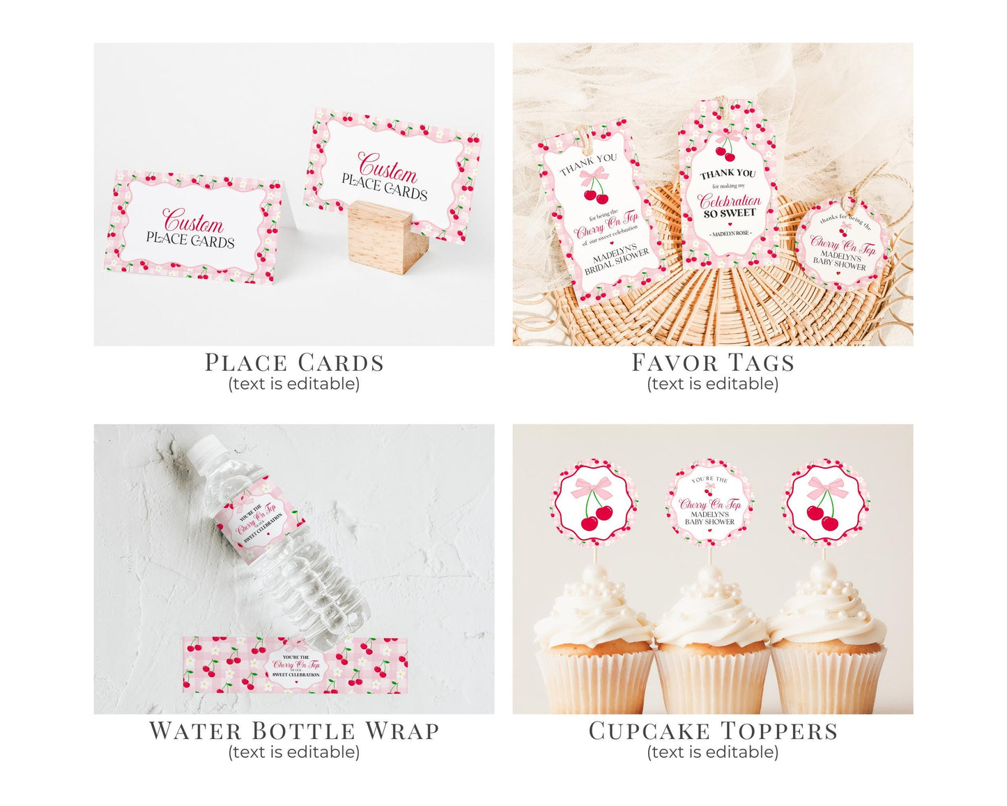 Pink Cherry Gingham Bridal Shower Bundle Printable Template, Coquette Cherry Sweet Bridal Brunch, Pastel Engagement Party Decor WP1071
