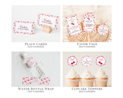 Pink Cherry Gingham Bridal Shower Bundle Printable Template, Coquette Cherry Sweet Bridal Brunch, Pastel Engagement Party Decor WP1071