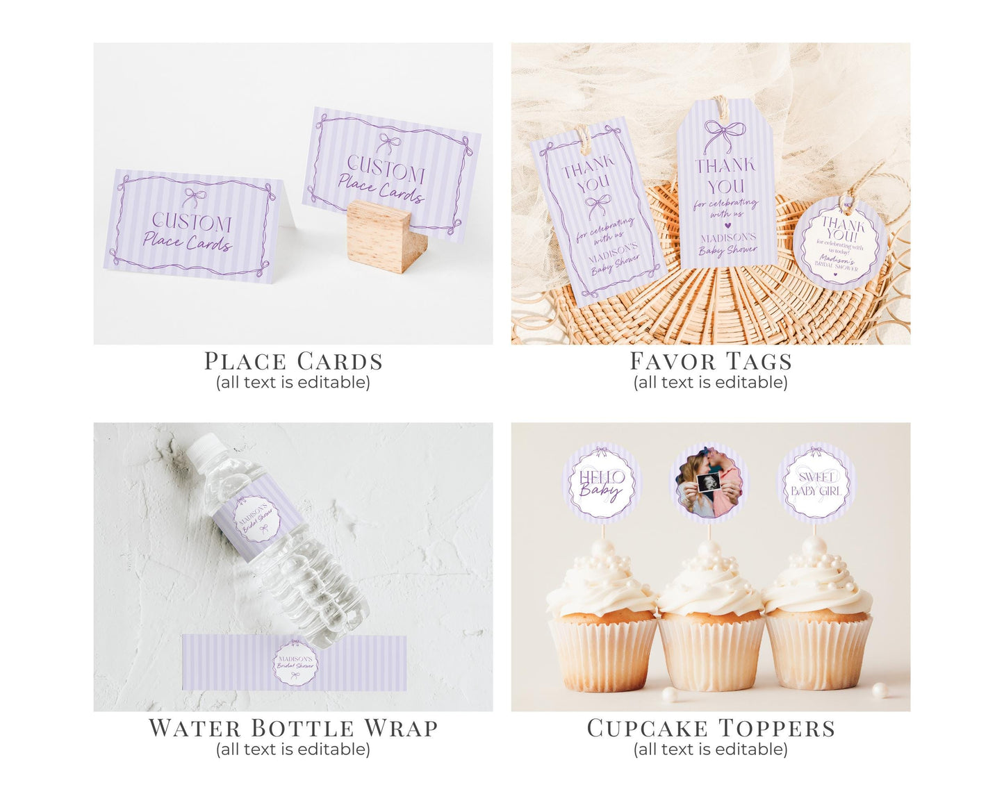 Purple Coquette Bow Baby Shower Bundle Template, Editable Lavender Baby Sprinkle Kit, Printable Hand-Drawn Bow Digital Download WP1063