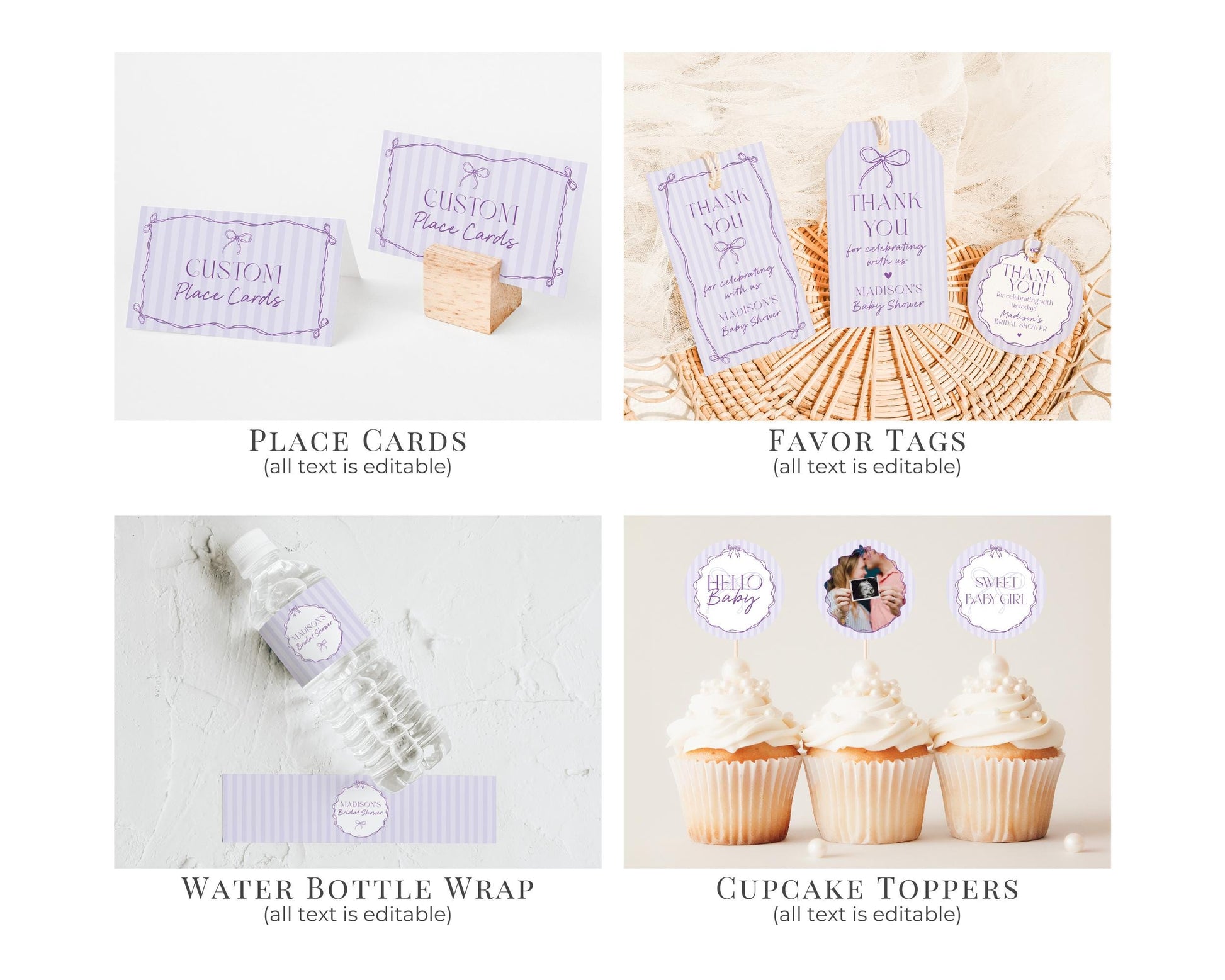 Purple Coquette Bow Baby Shower Bundle Template, Editable Lavender Baby Sprinkle Kit, Printable Hand-Drawn Bow Digital Download WP1063