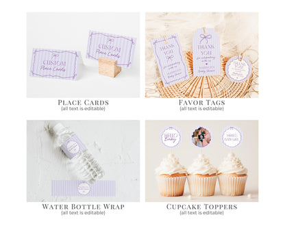 Purple Coquette Bow Baby Shower Bundle Template, Editable Lavender Baby Sprinkle Kit, Printable Hand-Drawn Bow Digital Download WP1063