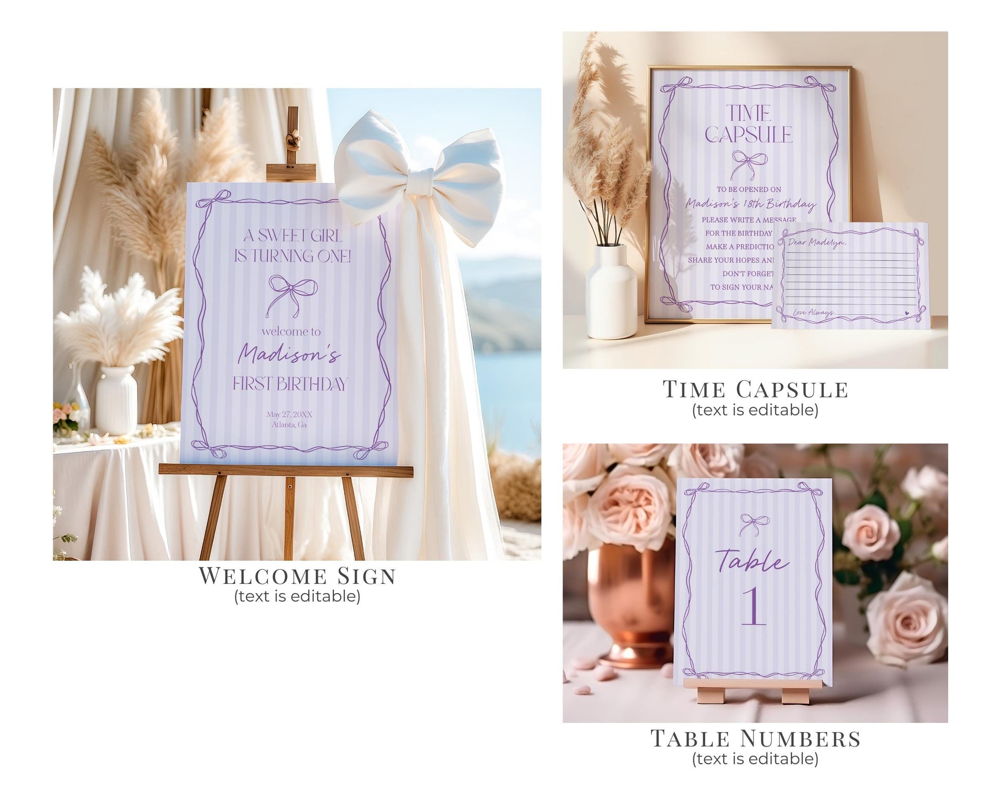 Purple Coquette Bow First Birthday Bundle Template, Editable Lavender Birthday Kit, Fancy Printable Hand-Drawn Bows, Digital Download WP1063