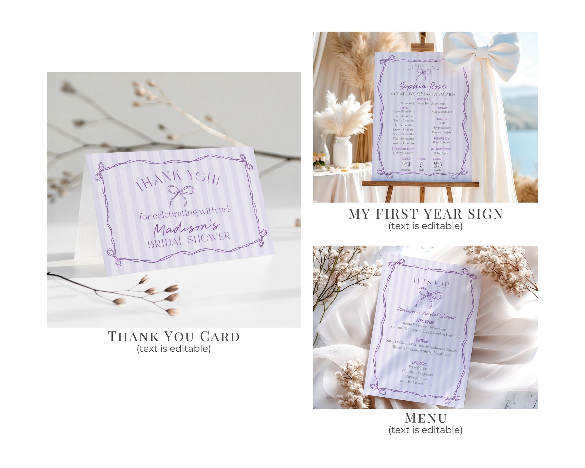 Purple Coquette Bow First Birthday Bundle Template, Editable Lavender Birthday Kit, Fancy Printable Hand-Drawn Bows, Digital Download WP1063