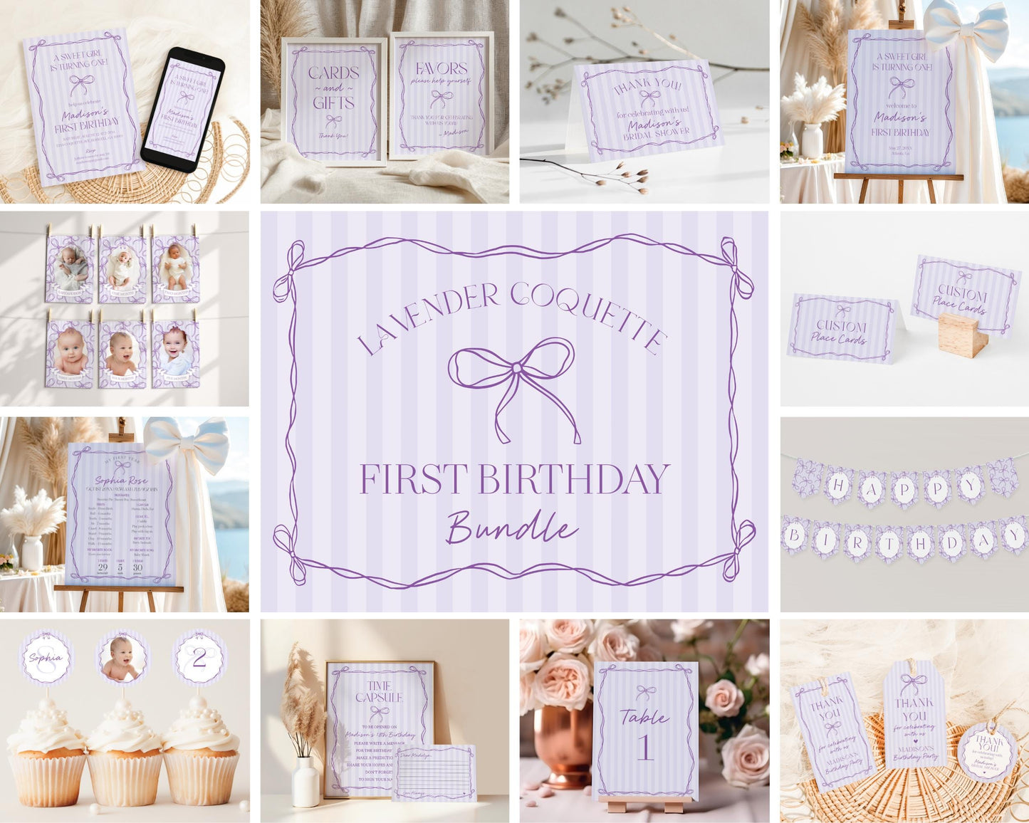Purple Coquette Bow First Birthday Bundle Template, Editable Lavender Birthday Kit, Fancy Printable Hand-Drawn Bows, Digital Download WP1063