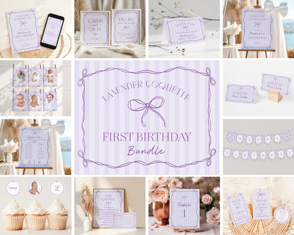 Purple Coquette Bow First Birthday Bundle Template, Editable Lavender Birthday Kit, Fancy Printable Hand-Drawn Bows, Digital Download WP1063