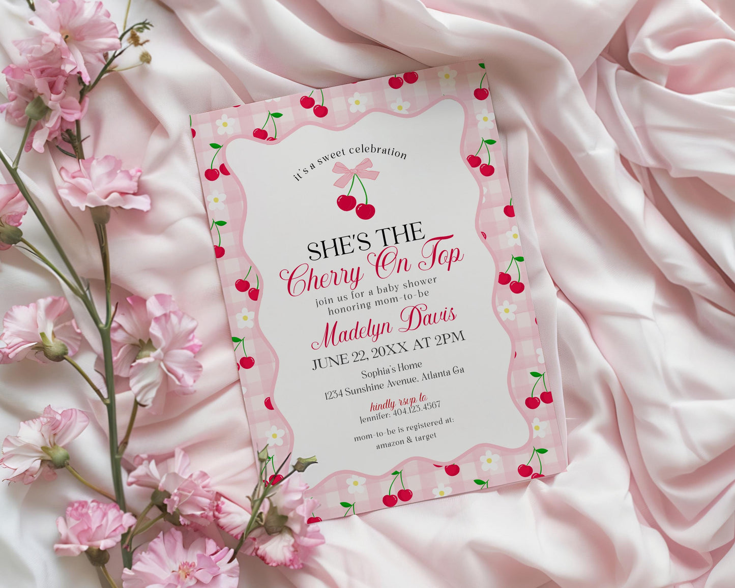 Pink Cherry Gingham Baby Shower Invitation Printable Template, Coquette Sweet Cherry on Top Baby Sprinkle, Pastel Nesting Party Decor WP1071