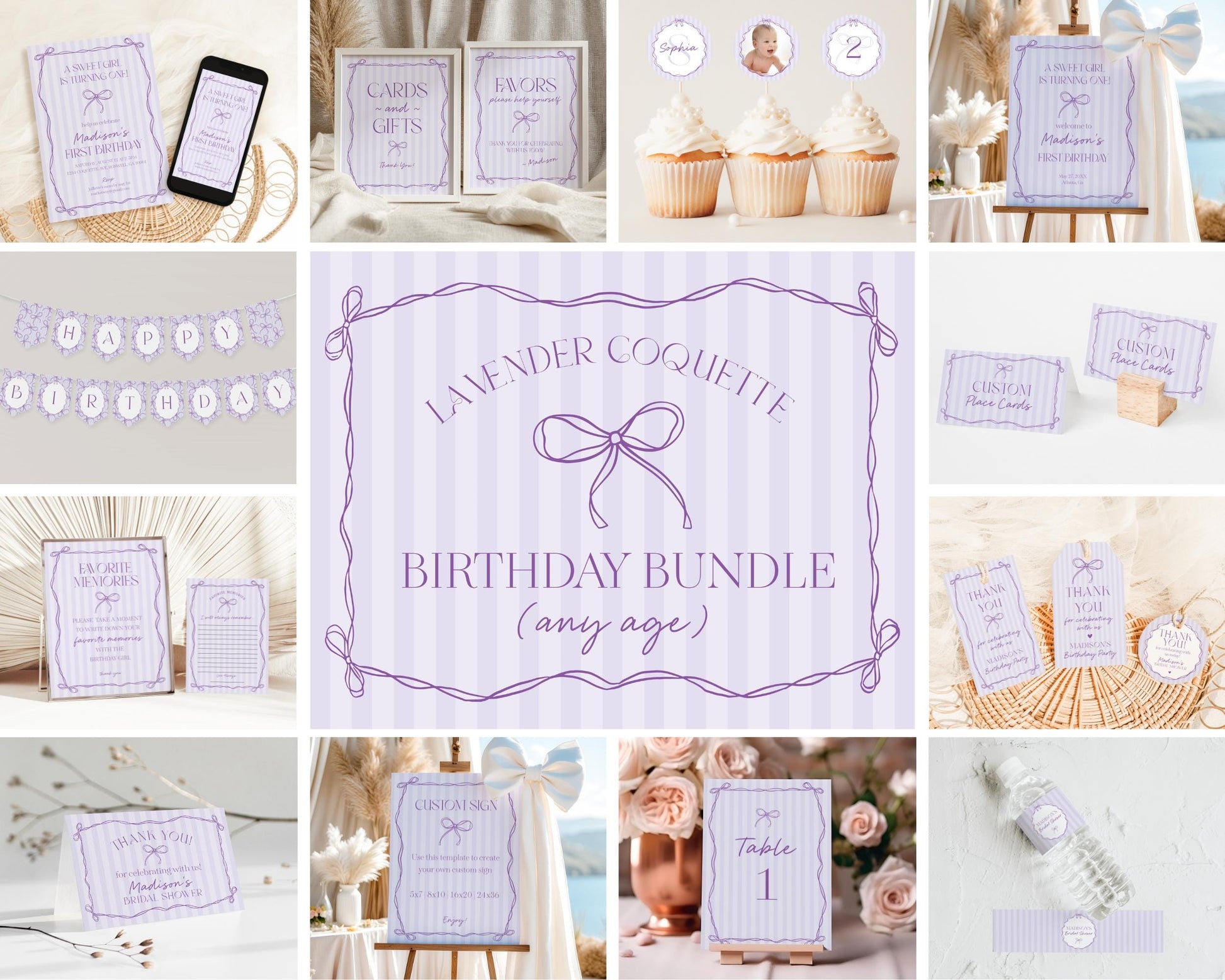 Purple Coquette Bow Birthday Bundle Template, Editable Lavender Birthday Kit, Printable Hand-Drawn Bows Theme, Digital Download WP1063
