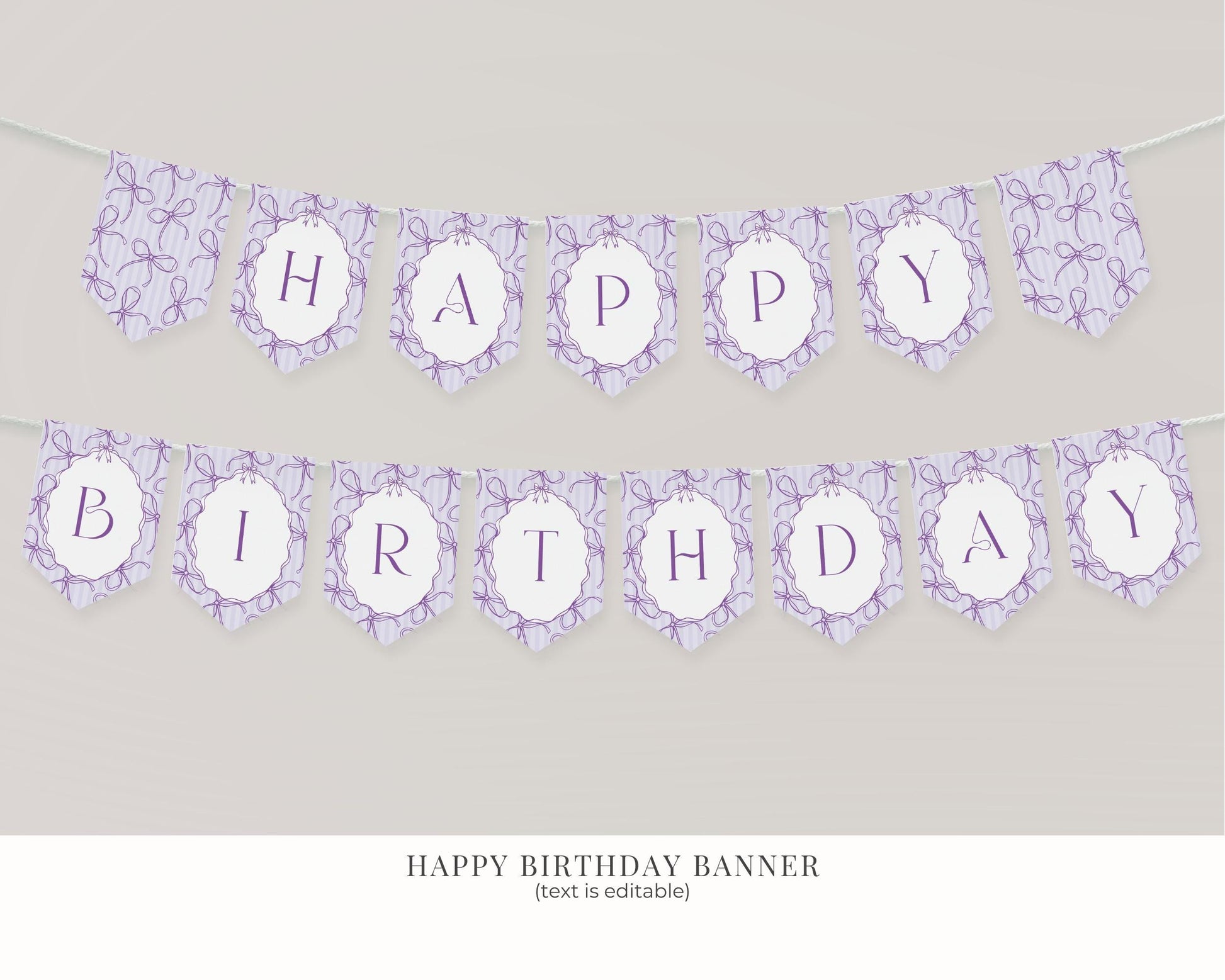 Purple Coquette Bow Birthday Bundle Template, Editable Lavender Birthday Kit, Printable Hand-Drawn Bows Theme, Digital Download WP1063