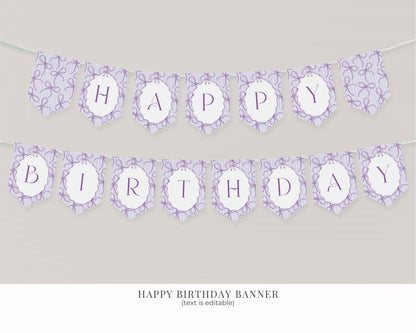 Purple Coquette Bow Birthday Bundle Template, Editable Lavender Birthday Kit, Printable Hand-Drawn Bows Theme, Digital Download WP1063